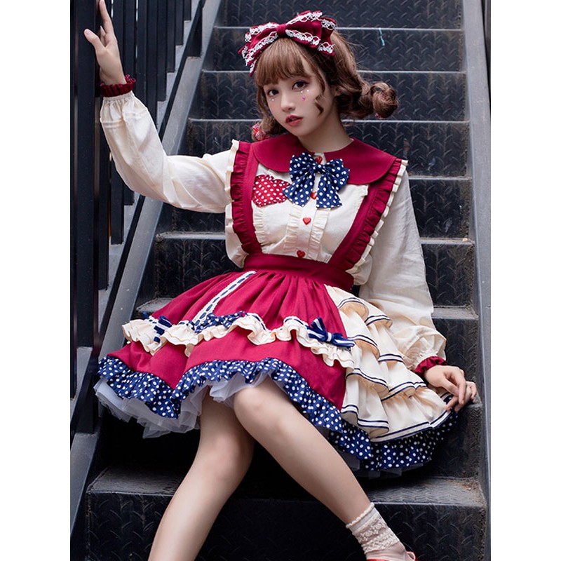 Lolita Outfits Burgundy Polka Dot Bows Ruffles Long Sleeves Top Skirt Sets Sweet Daily Casual Tea Party