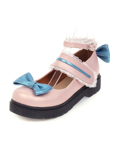 Sweet Lolita Footwear Pink Bow Lace Round Toe Leather Lolita Pumps Daily Casual