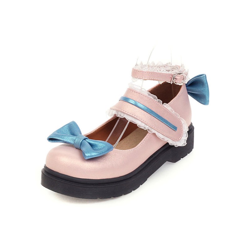 Sweet Lolita Footwear Pink Bow Lace Round Toe Leather Lolita Pumps Daily Casual