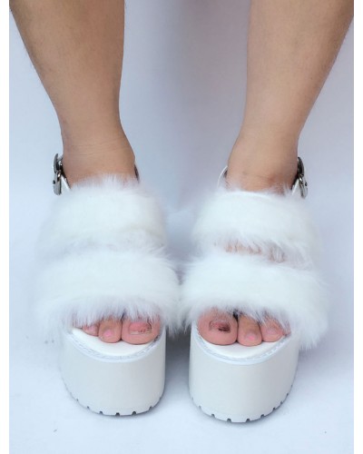 Sweet Lolita Shoes White Faux Fur Platform Open Toe Heeled Lolita Sandals