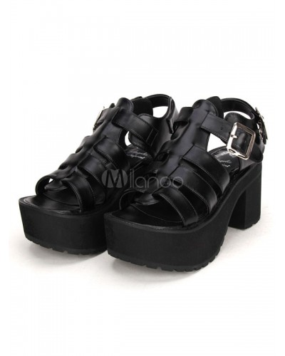 Matte Black Lolita Sandals Square Heels Platform Square Buckles