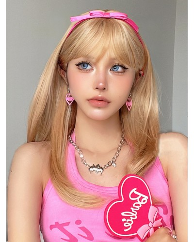 Barbie Medium Wigs Light Gold Curly WIth Bangs Wig Sweet Feminine Casual