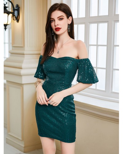 Dresses Green Bateau Neck Sequins Short Sleeves Backless Semi Formal Dress Sexy Night Out Party Birthday