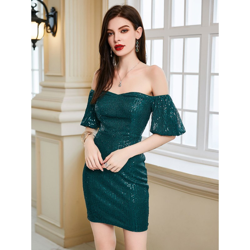 Dresses Green Bateau Neck Sequins Short Sleeves Backless Semi Formal Dress Sexy Night Out Party Birthday