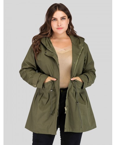 Women Plus Size Jacket Hooded Pockets Hunter Green Outerwear Trench Coats Spring Fall Winter Street Wear Daily Casual