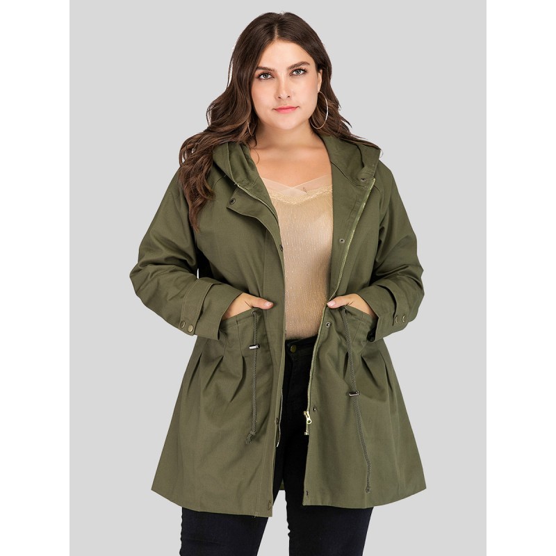 Women Plus Size Jacket Hooded Pockets Hunter Green Outerwear Trench Coats Spring Fall Winter Street Wear Daily Casual