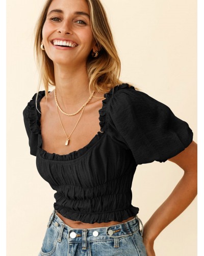 Women Crop Top Black Chiffon Pleated Square Neck Short Sleeves Tops Sexy Field Dating