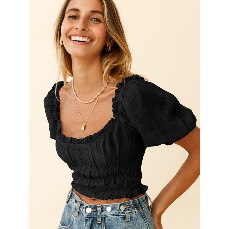 Women Crop Top Black Chiffon Pleated Square Neck Short Sleeves Tops Sexy Field Dating