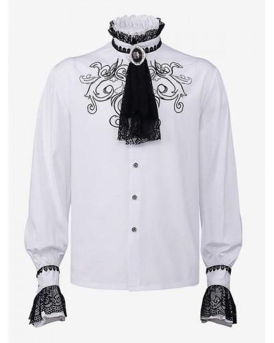 Men White Vintage Top Lace Ruffles Floral Print Long Sleeves Polyester Polyester Fiber Shirt Costumes For Man Tops Retro