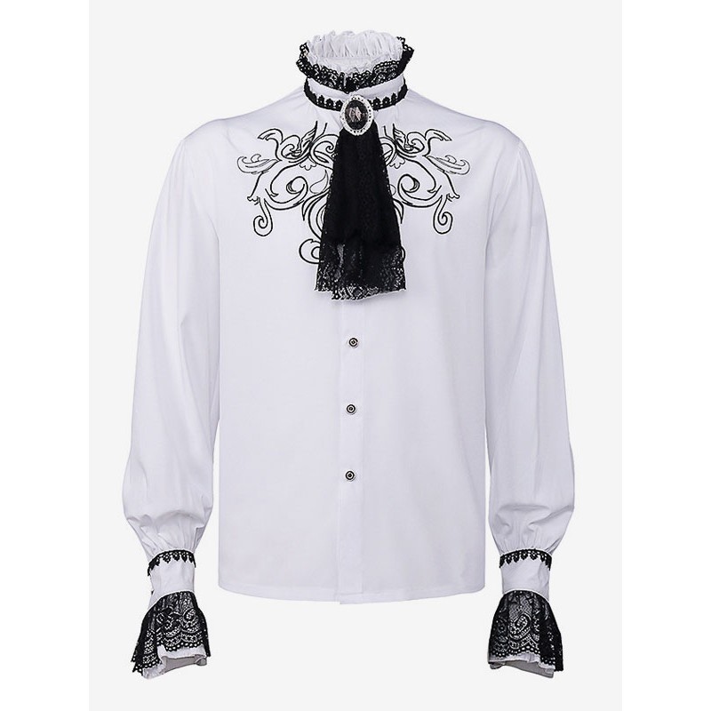 Men White Vintage Top Lace Ruffles Floral Print Long Sleeves Polyester Polyester Fiber Shirt Costumes For Man Tops Retro