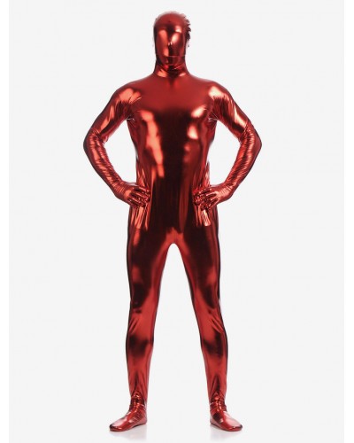 Men Dark Red Zentai Suit Adults Full Body Shiny Metallic Bodysuit For Solid