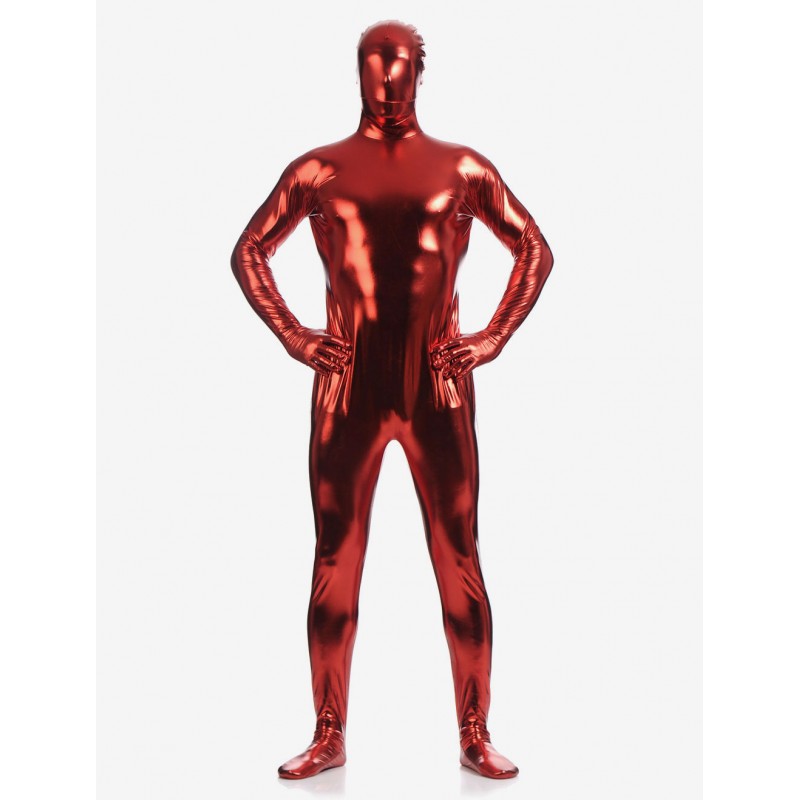 Men Dark Red Zentai Suit Adults Full Body Shiny Metallic Bodysuit For Solid