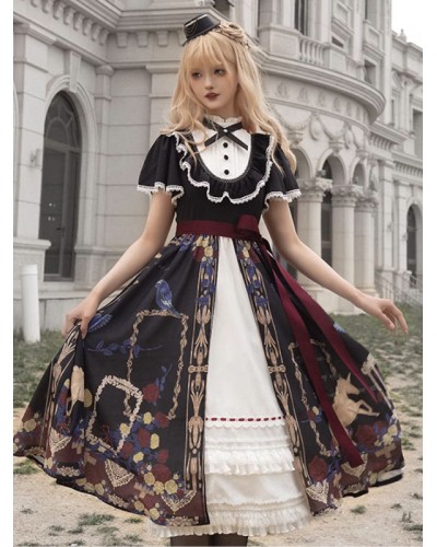 Gothic Lolita Dresses Ruffles Floral Print Black