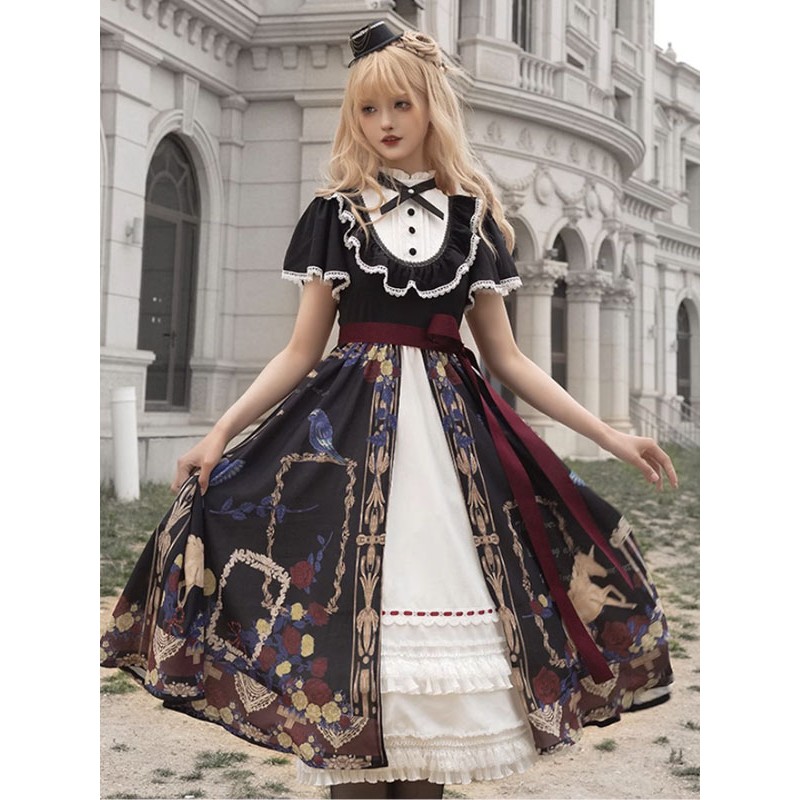 Gothic Lolita Dresses Ruffles Floral Print Black