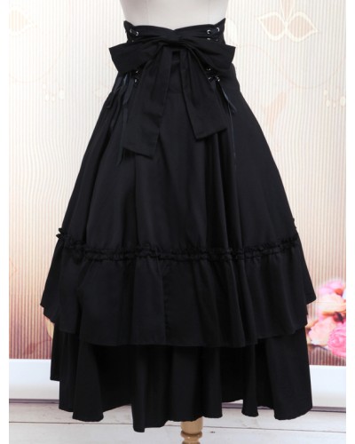 Gothic Lolita Dress SK Black Lace Up Ruffle Tiered Cotton Lolita Skirt Daily Casual