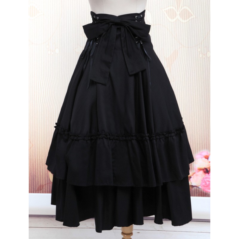 Gothic Lolita Dress SK Black Lace Up Ruffle Tiered Cotton Lolita Skirt Daily Casual