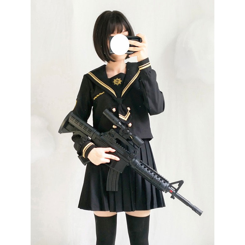 Sailor Style Lolita Outfit Musketeer Black Button Long Sleeve Top With Pleated Skirt