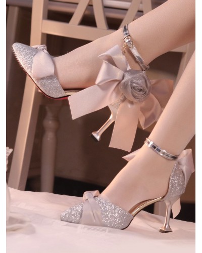 Lolita Footwear Silver Bows Rose Stiletto Heel Lolita Shoes Sweet Lolita Wedding Dress