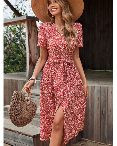 V-Neck Short Sleeves Midi Dress Bohemian Beach Resort Wear