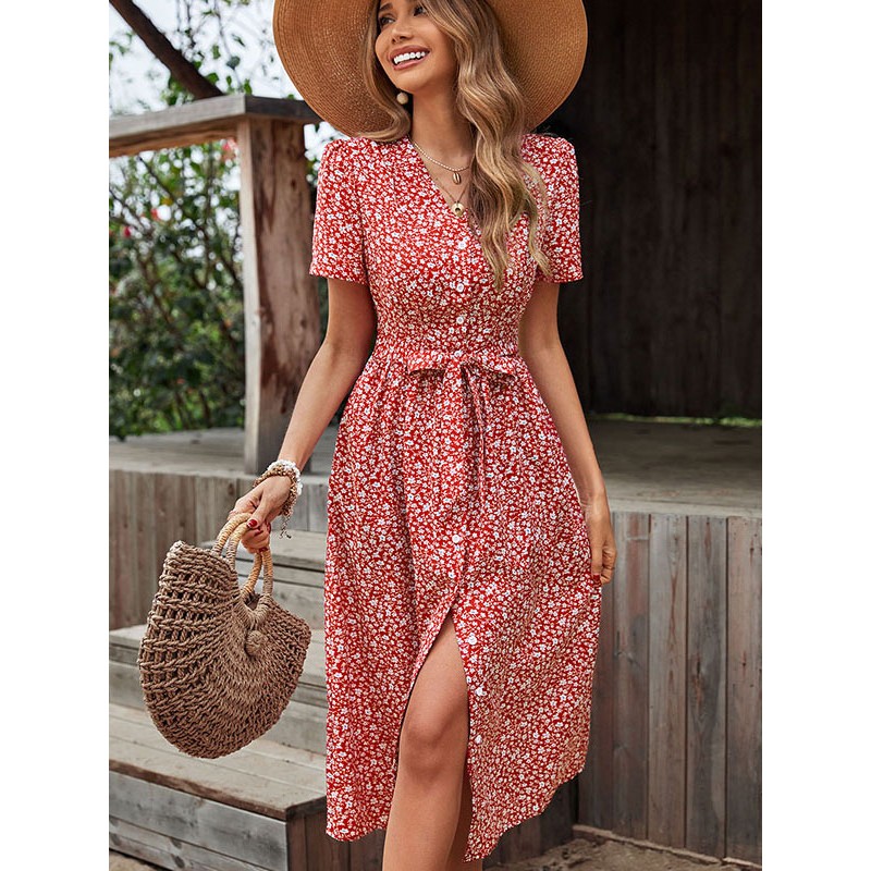 V-Neck Short Sleeves Midi Dress Bohemian Beach Resort Wear