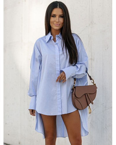 Women Blouse Turndown Collar High Low Design Oversized Tops Casual Spring Fall