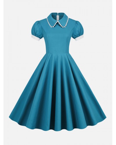 Dress 1950s Audrey Hepburn Style Teal Woman's Short Sleeves Turndown Collar Swing Dress Vintage Retro Summer