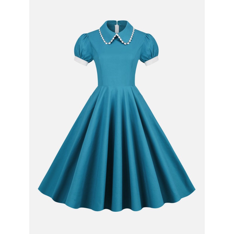 Dress 1950s Audrey Hepburn Style Teal Woman's Short Sleeves Turndown Collar Swing Dress Vintage Retro Summer