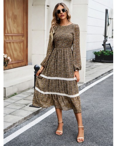 Floral Dress Layered Jewel Neck Long Sleeves Fall Midi Dress Bodycon Daily Casual