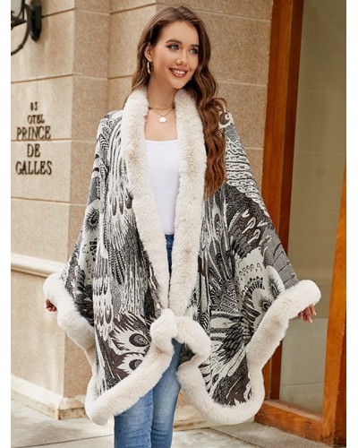 Women Poncho Printed Apricot Poncho Oversized Faux Fur Cape Poncho  Cape Fall Winter Street Wear Daily Casual