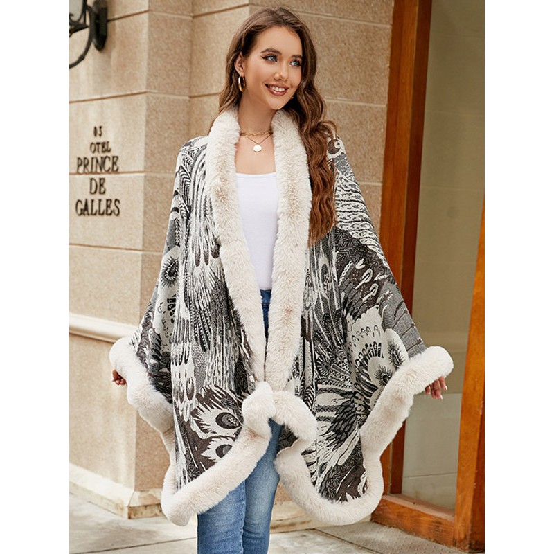 Women Poncho Printed Apricot Poncho Oversized Faux Fur Cape Poncho  Cape Fall Winter Street Wear Daily Casual