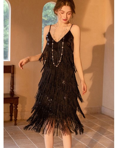 Women 1920S Party Dresses V-Neck Sequins Sleeveless Semi Formal Dress Vintage Summer