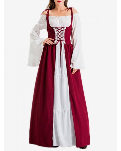 Women Medieval Dress Renaissance Gown Lace Up Vintage Costume Retro Middle Ages