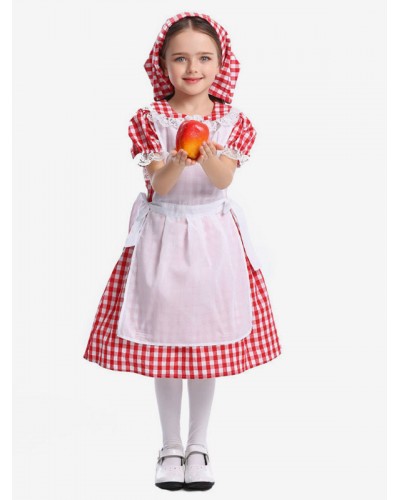 Girls Carnival Costumes For Kids Red Maid Cosplay Cotton Lower Body Apron With Hat Outfits