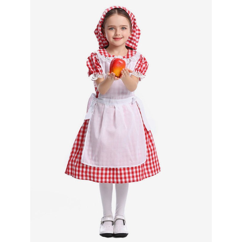 Girls Carnival Costumes For Kids Red Maid Cosplay Cotton Lower Body Apron With Hat Outfits