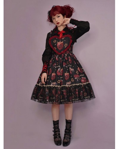 Gothic Lolita Dresses Ruffles Stars Print Black Black