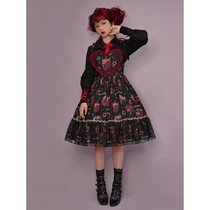 Gothic Lolita Dresses Ruffles Stars Print Black Black