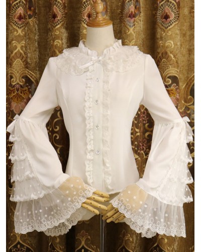 Rococo Lolita Shirt Lace Trim Ruffle Bow Chiffon Lolita Blouse Spring Fall