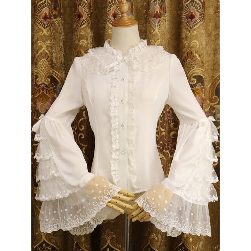 Rococo Lolita Shirt Lace Trim Ruffle Bow Chiffon Lolita Blouse Spring Fall