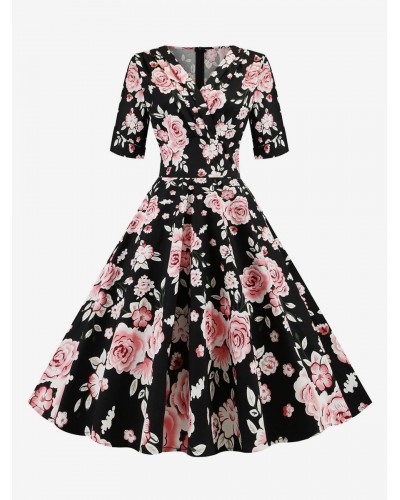 Dress 1950s Audrey Hepburn Style V-Neck Half Sleeves Medium Printed Swing Dress Vintage Retro Spring Summer