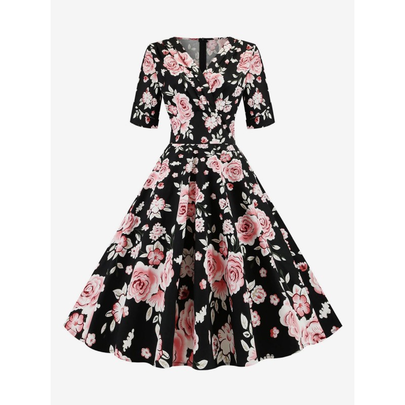 Dress 1950s Audrey Hepburn Style V-Neck Half Sleeves Medium Printed Swing Dress Vintage Retro Spring Summer