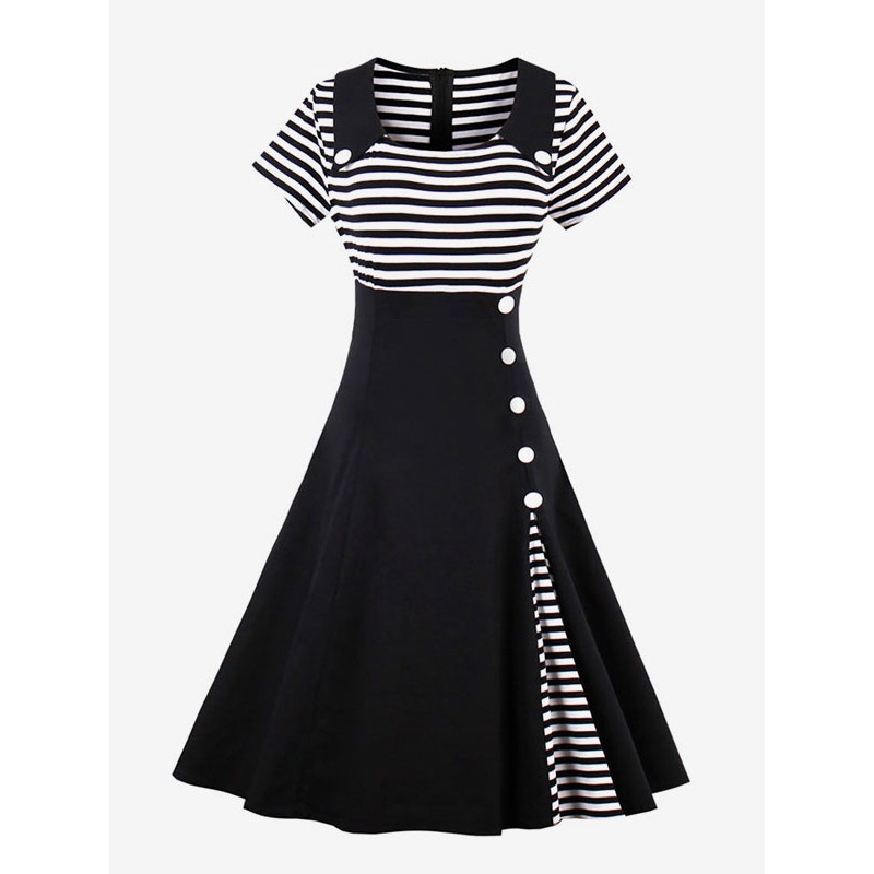 Women Black Dress Turndown Collar Short Sleeve Striped Single Breasted A Line Dresses Vintage Retro Summer