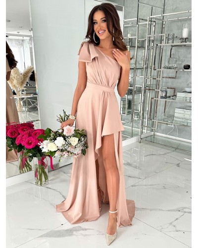 Dresses Pink One-Shoulder Pleated Sleeveless Backless Semi Formal Dress Maxi Party Dating Resort Wear