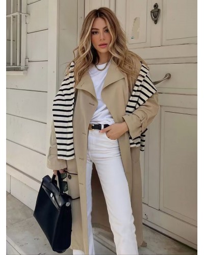 Women Trench Coat Khaki Long Sleeves Turndown Collar Outerwear Trench Coats Spring Fall Street Wear Daily Casual Field