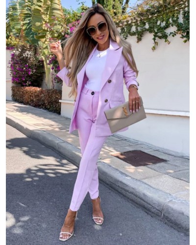 Women Two Piece Suits Lavender Solid Color Outerwear Sets Classic Blazer Jacket Slim Fit Pants Spring Outfit Classic Amp; Traditional Fall Winter