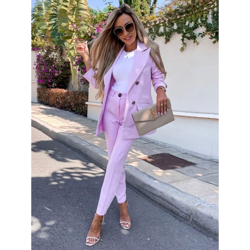 Women Two Piece Suits Lavender Solid Color Outerwear Sets Classic Blazer Jacket Slim Fit Pants Spring Outfit Classic Amp; Traditional Fall Winter