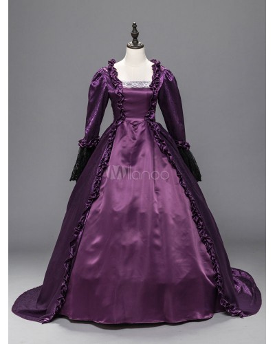 Women Purple Victorian Costume Ruffles Long Sleeve Lace Halloween Long Dresses Halloween Sets Victorian Era