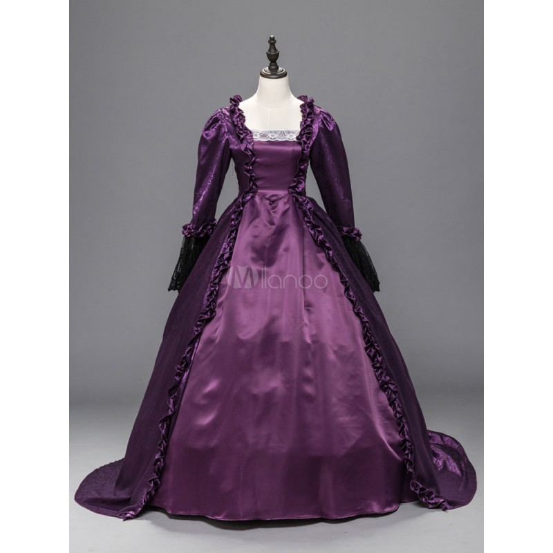 Women Purple Victorian Costume Ruffles Long Sleeve Lace Halloween Long Dresses Halloween Sets Victorian Era