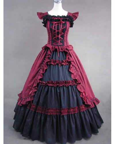 Victorian Dress Costume Women's Dark Red Cotton Ruffle Short Sleeves Ball Gown Retro Clothing Halloween Victorian Era Holiday