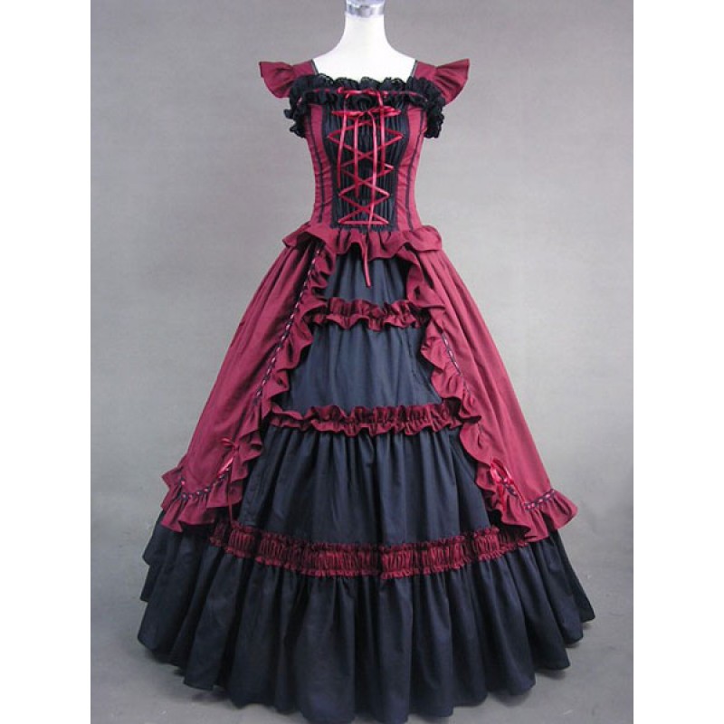 Victorian Dress Costume Women's Dark Red Cotton Ruffle Short Sleeves Ball Gown Retro Clothing Halloween Victorian Era Holiday