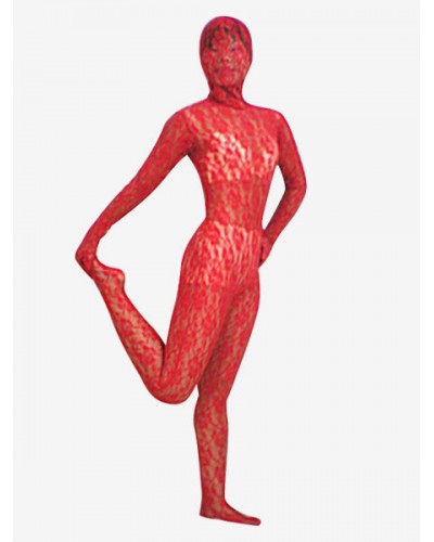 Halloween Red Transparent Lace Velvet Zentai Suit Halloween